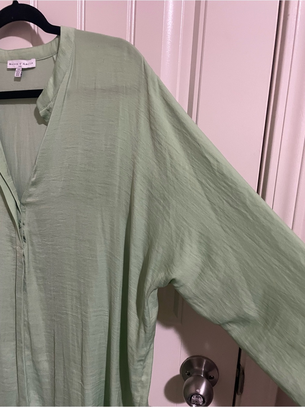 Women's Sage Green V-Neck Long Sleeve Blouse - Picture 5 of 5